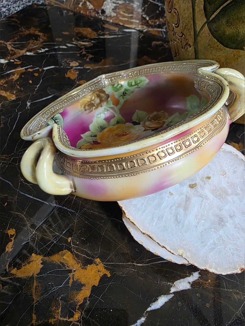 Antique Hand Painted Nippon Porcelain Catch All Bowl Ornate Gold Gilt Rose 6x2'H